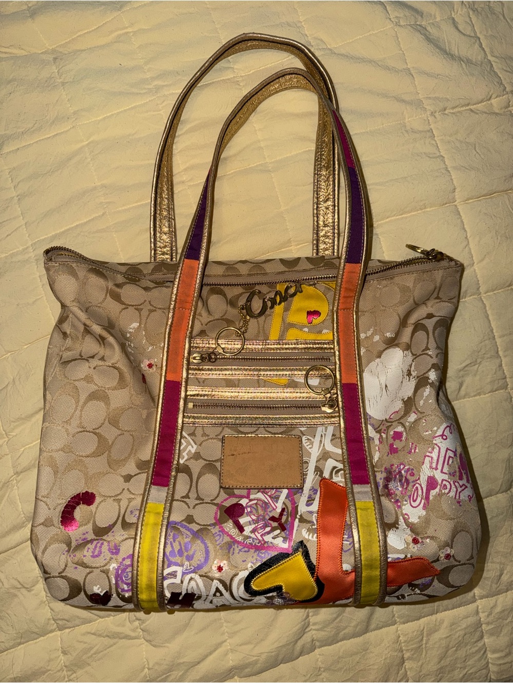 Coach Beige Signature Canvas Tote with Pink Orange Yellow and Purple Trim